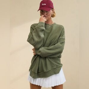 Aerie Big Chill Textured Corded Green Oversized Crewneck Sweatshirt